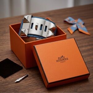 Authentic Hermes Collier de Chien Wide Leather Bracelet with Palladium Hardware